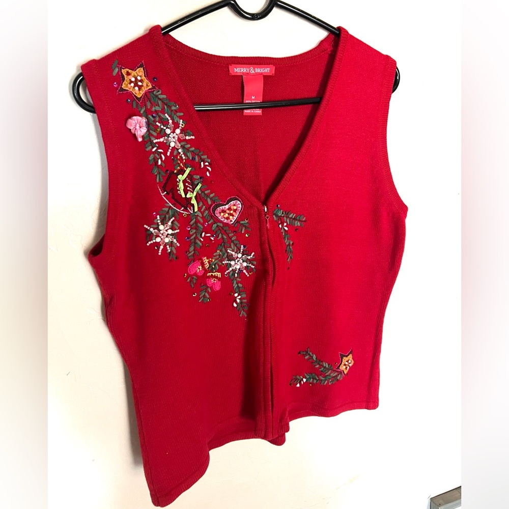 Merry & Bright Christmas Sweater Vest FLORAL M Beaded‎ Embroidered